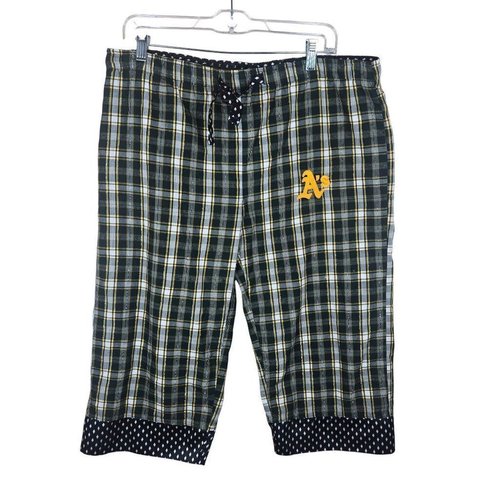 Oakland As Plaid Pajama Lounge Pants Womens M Green Yellow Capri Length